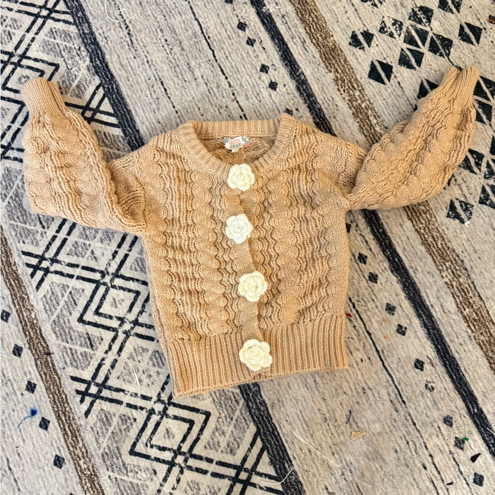 Super Cute Girls Size 7/8 Tan Cable Knit Cardigan with Floral Accents